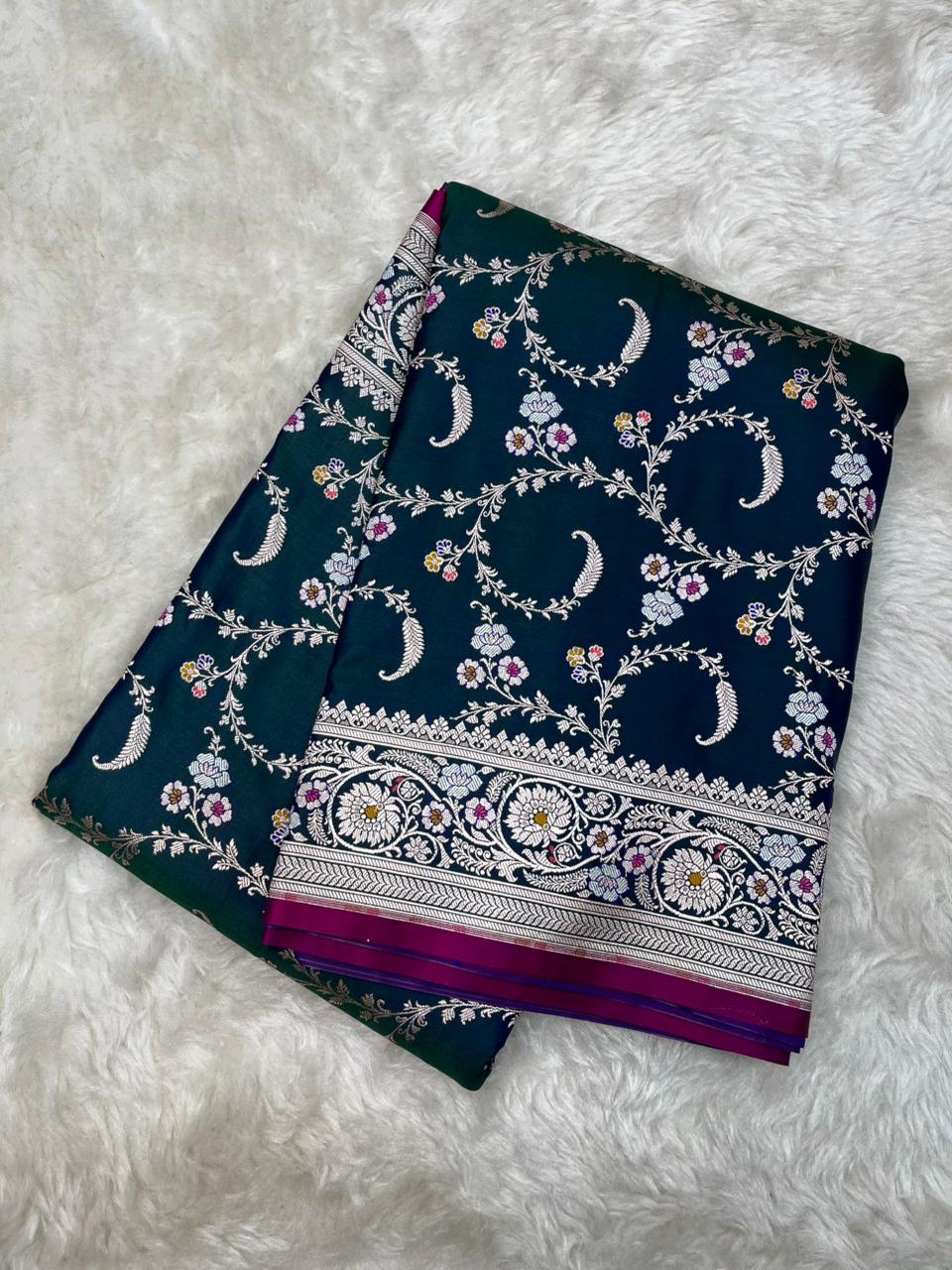 Enchanting Forest Green Mashru Silk Saree with Silver Zari Jaal & Meenakari Work