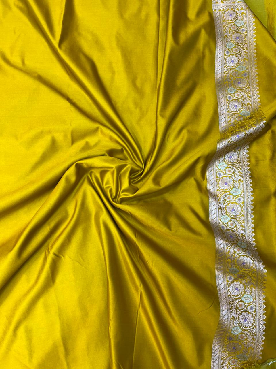 Radiant Mustard Yellow Mashru Silk Saree with Silver Zari Jaal & Meenakari Work