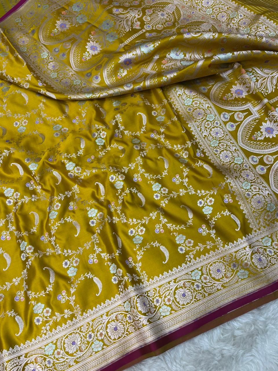 Radiant Mustard Yellow Mashru Silk Saree with Silver Zari Jaal & Meenakari Work