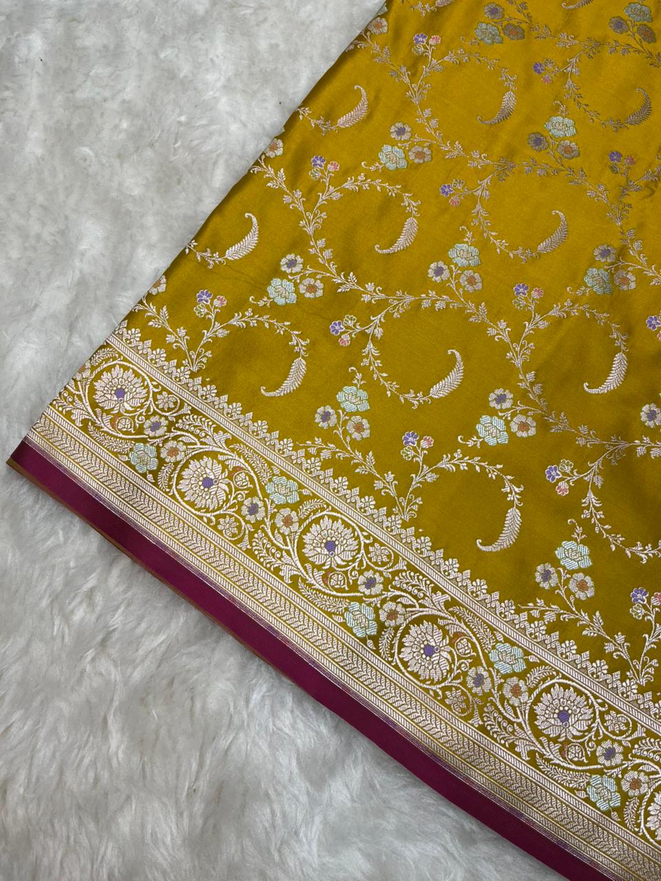 Radiant Mustard Yellow Mashru Silk Saree with Silver Zari Jaal & Meenakari Work