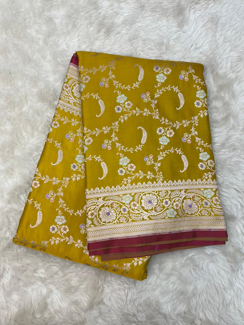 Radiant Mustard Yellow Mashru Silk Saree with Silver Zari Jaal & Meenakari Work