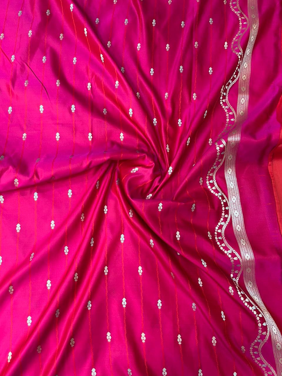 Vibrant Magenta Pink Mashru Silk Saree with Gold Zari Floral Bootis & Contemporary Wavy Border