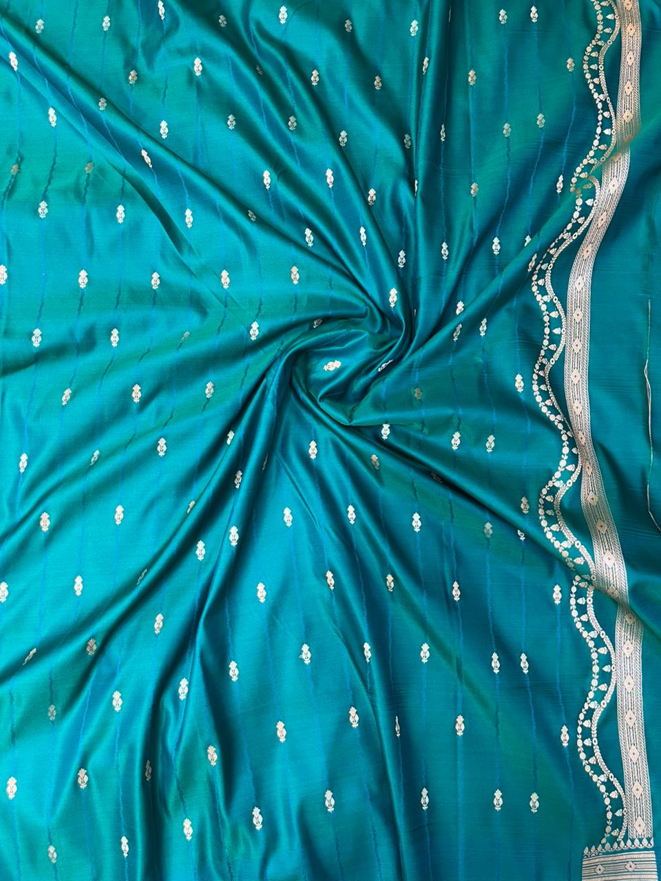 Majestic Deep Teal Mashru Silk Saree with Gold Zari Floral Bootis & Contemporary Wavy Border