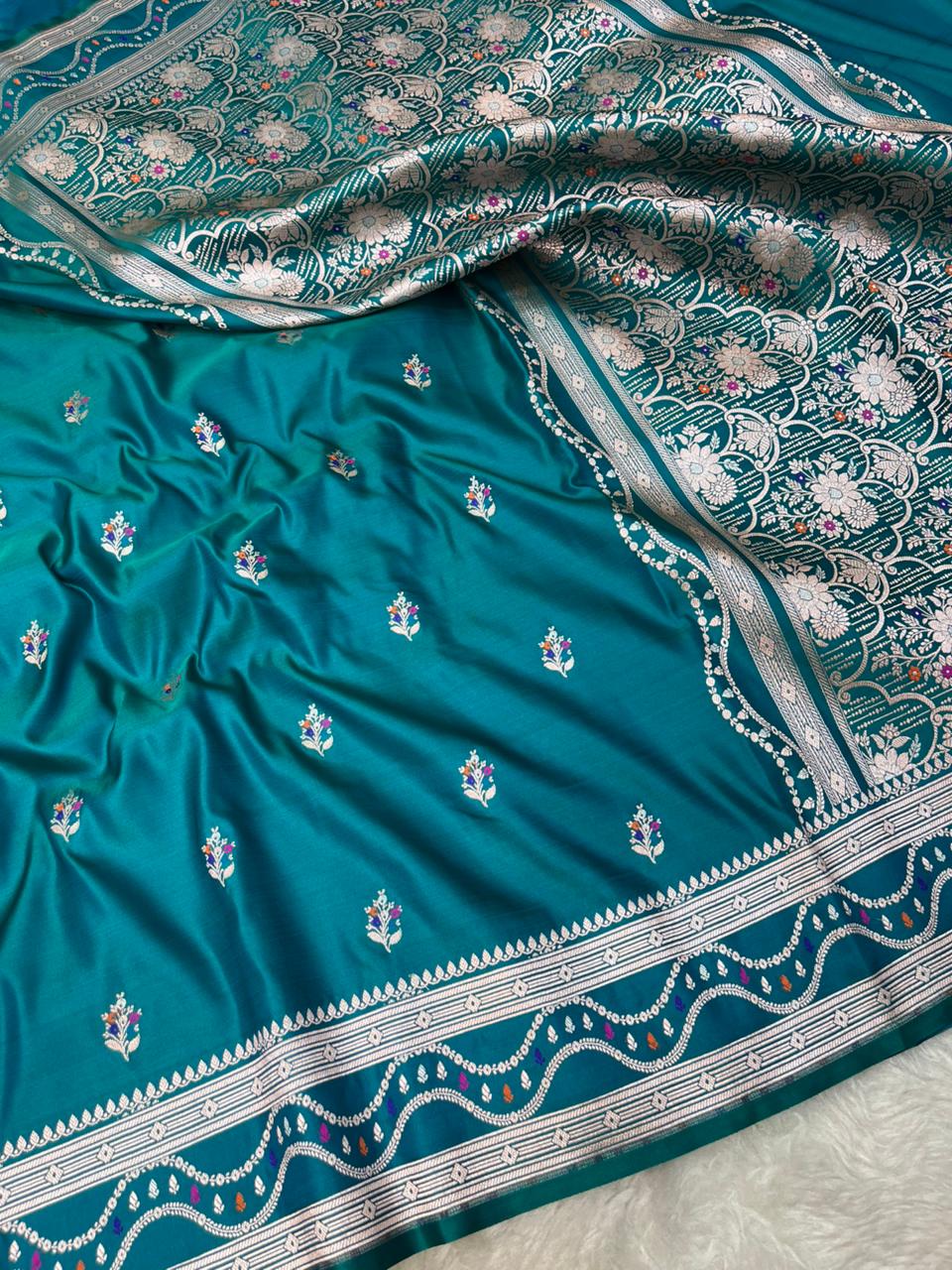 Majestic Deep Teal Mashru Silk Saree with Gold Zari Floral Bootis & Contemporary Wavy Border