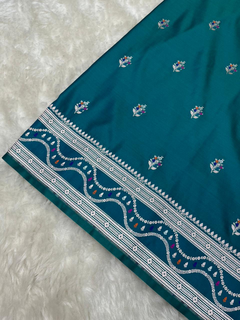 Majestic Deep Teal Mashru Silk Saree with Gold Zari Floral Bootis & Contemporary Wavy Border