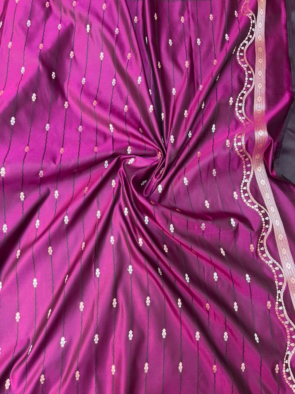 Regal Plum Purple Mashru Silk Saree with Gold Zari Floral Bootis & Contemporary Wavy Border