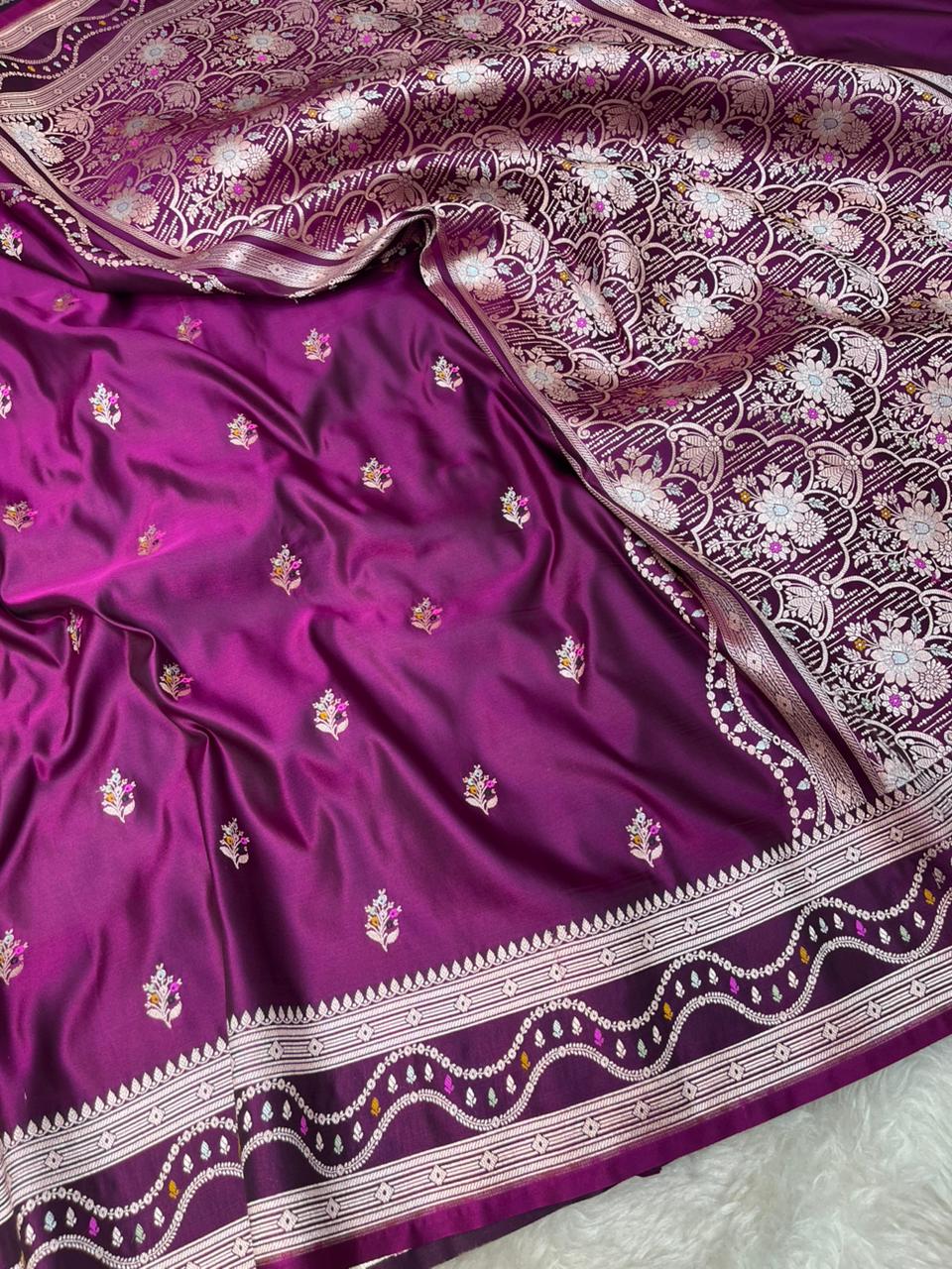 Regal Plum Purple Mashru Silk Saree with Gold Zari Floral Bootis & Contemporary Wavy Border