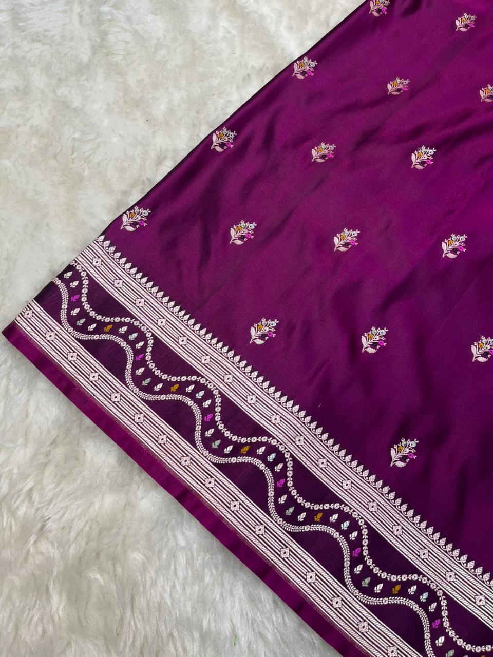 Regal Plum Purple Mashru Silk Saree with Gold Zari Floral Bootis & Contemporary Wavy Border