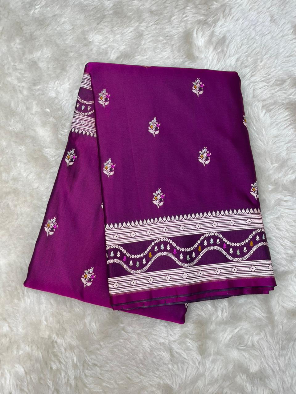 Regal Plum Purple Mashru Silk Saree with Gold Zari Floral Bootis & Contemporary Wavy Border